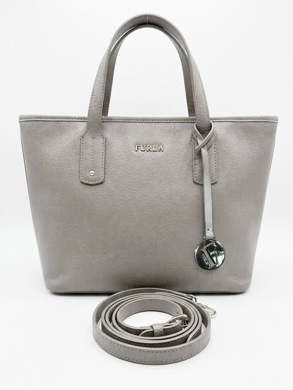 Furla Pearl like new Gray Italian Saffiano Leather Tote Purse Bag with Charm